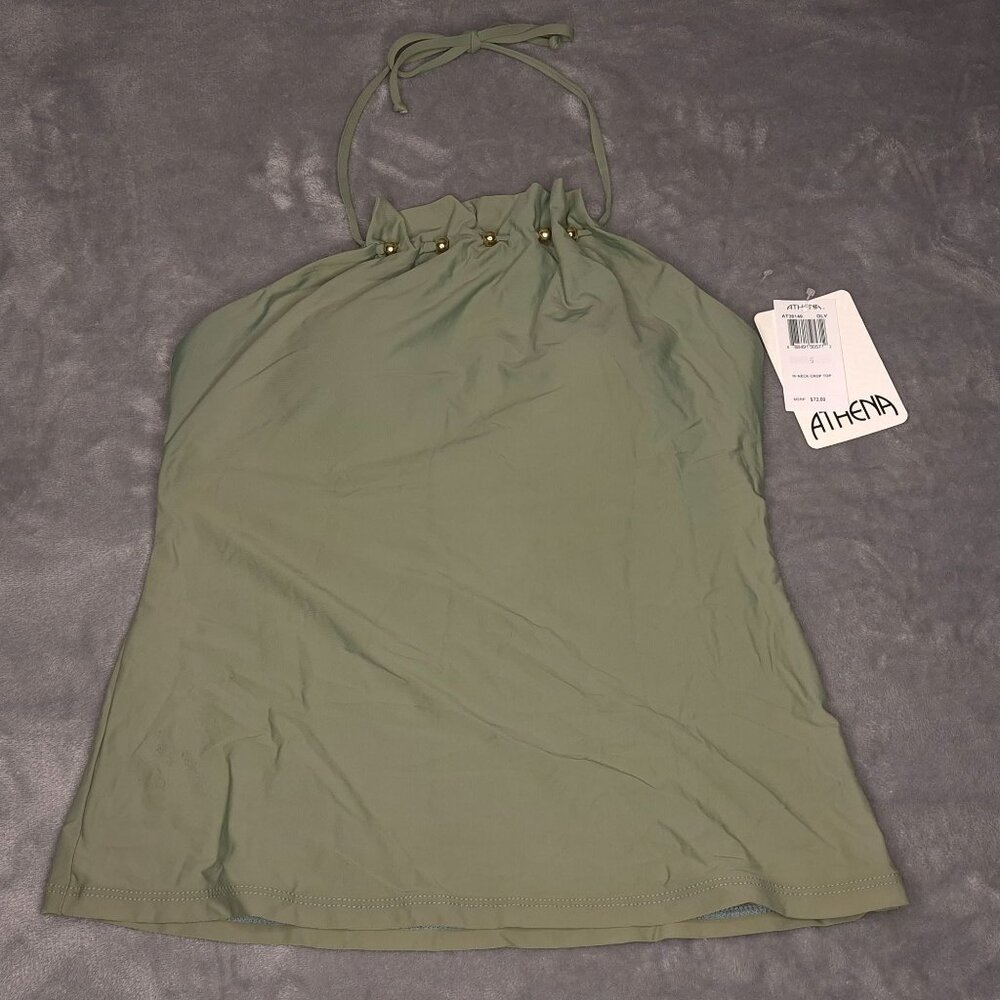 Athena Olive Hi-Neck Halter Crop Tankini Top 6 Gold Bead Accents Swimwear